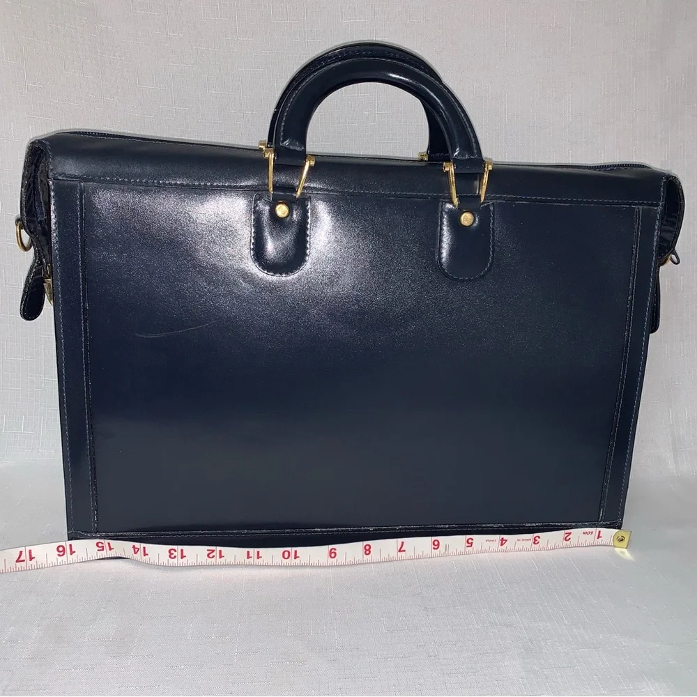 VINTAGE Atlantic Leather Briefcase Crossbody Handbag Navy Blue Attaché Case Luxe